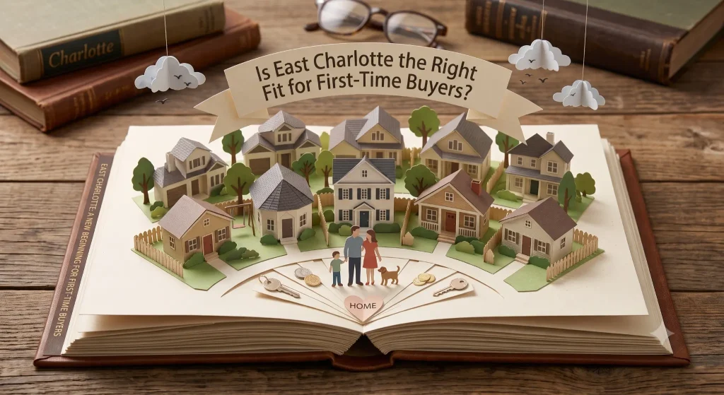 First-time homebuyer couple standing in front of a home in East Charlotte NC