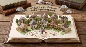 First-time homebuyer couple standing in front of a home in East Charlotte NC