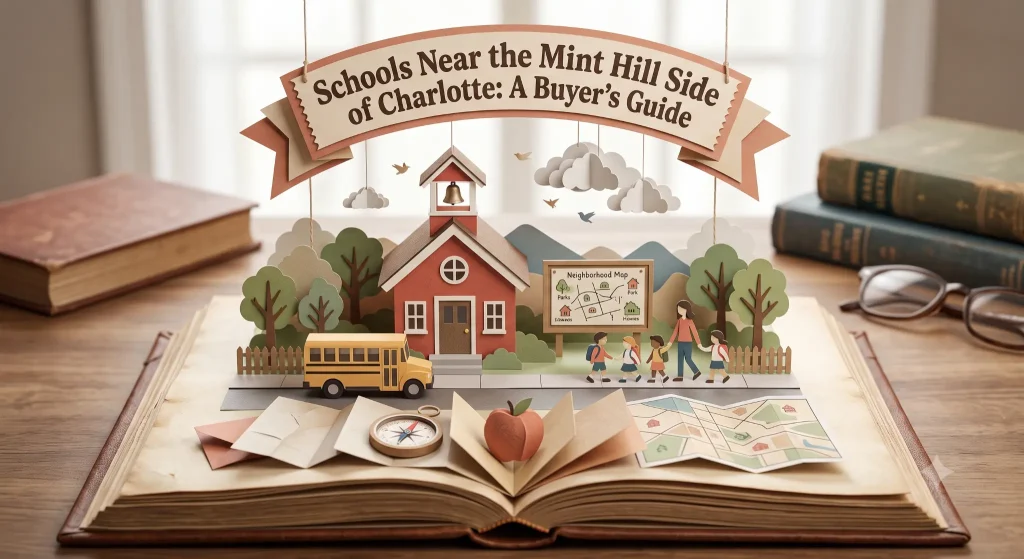 Pop-up paper illustration of a schoolhouse and neighborhood map representing school guidance for the Mint Hill side of Charlotte, NC