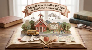 Pop-up paper illustration of a schoolhouse and neighborhood map representing school guidance for the Mint Hill side of Charlotte, NC