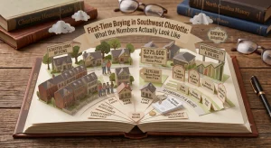 Pop-up book illustration showing first-time home buying options and affordability in southwest Charlotte NC