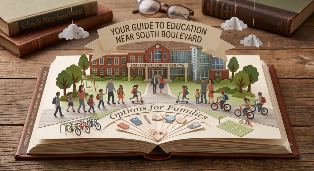 Pop-up book illustration showing a school building and students near South Boulevard in southwest Charlotte NC