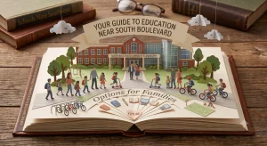 Pop-up book illustration showing a school building and students near South Boulevard in southwest Charlotte NC