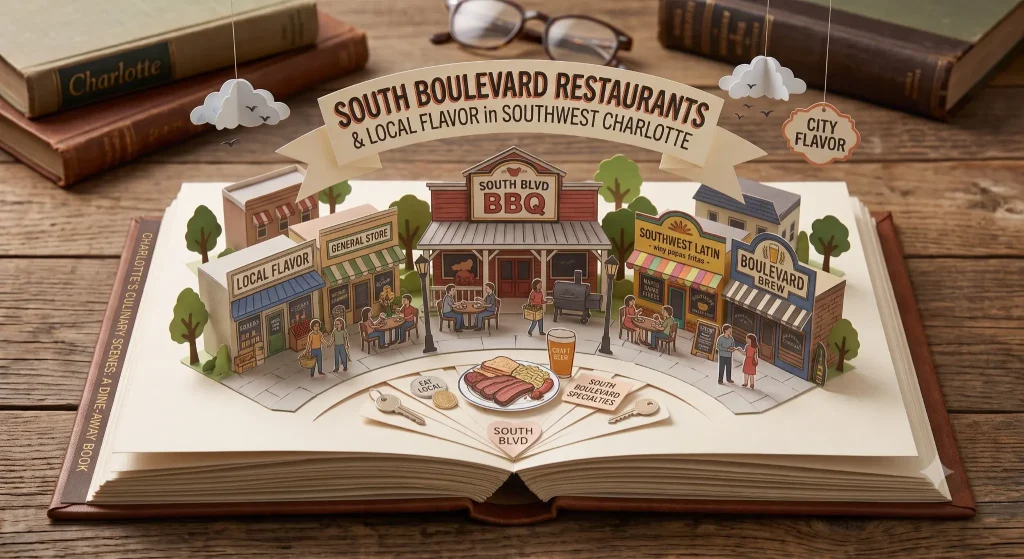 Pop-up book illustration of independently owned restaurants and storefronts along South Boulevard in southwest Charlotte NC
