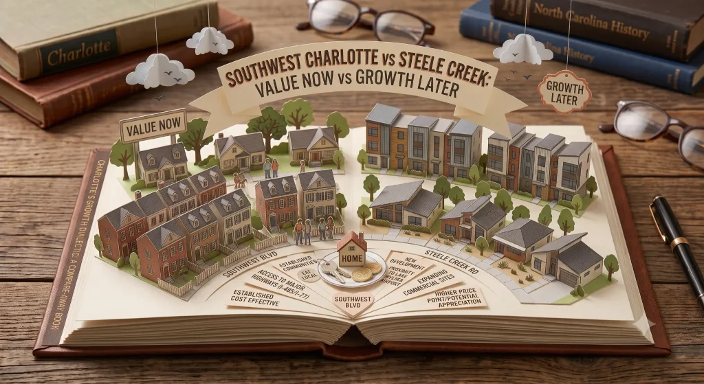 Pop-up book comparison of southwest Charlotte and Steele Creek neighborhoods showing value now versus growth later