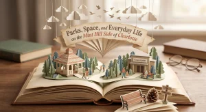 Pop-up paper illustration of a park pavilion and walking trail representing parks and local life on the Mint Hill side of Charlotte, NC