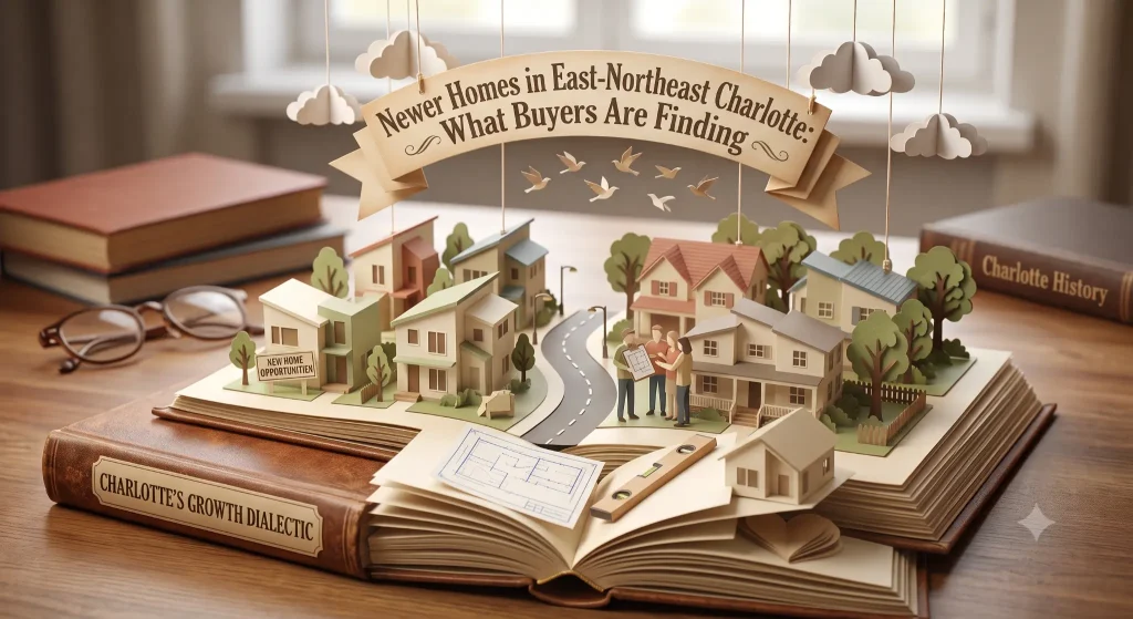 Pop-up paper illustration of newer construction homes representing new-home options in East-Northeast Charlotte, NC