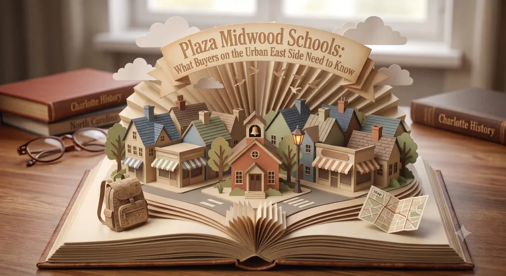 Paper diorama pop-up book scene showing a schoolhouse on a Plaza Midwood urban street, Charlotte NC