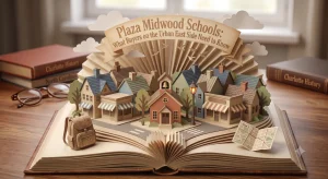Paper diorama pop-up book scene showing a schoolhouse on a Plaza Midwood urban street, Charlotte NC