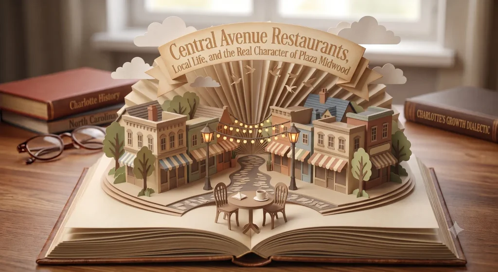 Paper diorama pop-up book scene of Central Avenue restaurant corridor in Plaza Midwood, Charlotte NC