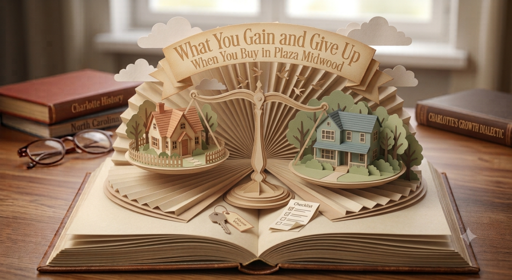 Paper diorama pop-up book showing a balance scale comparing a smaller cottage and a larger home, representing Plaza Midwood buyer trade-offs in Charlotte NC