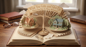 Paper diorama pop-up book showing a balance scale comparing a smaller cottage and a larger home, representing Plaza Midwood buyer trade-offs in Charlotte NC