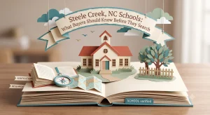Paper-craft illustration of a schoolhouse silhouette and an open map, representing school research for Steele Creek, NC