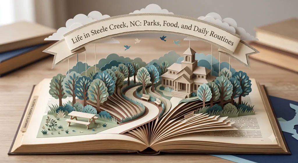 Paper-craft illustration of a greenway path and community building, representing daily life in Steele Creek, NC