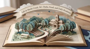 Paper-craft illustration of a greenway path and community building, representing daily life in Steele Creek, NC