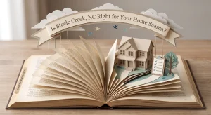 Paper-craft illustration of a newer home and a checklist, representing buyer fit considerations for Steele Creek, NC