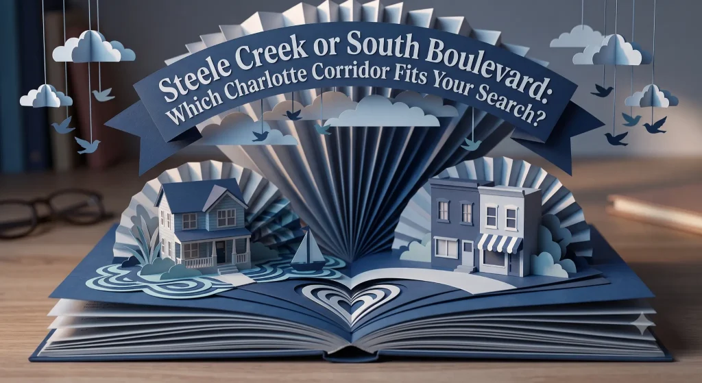 Paper-craft illustration of a newer home near water and a rowhouse with a storefront against a navy dusk backdrop, representing Steele Creek and South Boulevard, Charlotte