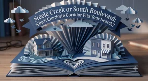 Paper-craft illustration of a newer home near water and a rowhouse with a storefront against a navy dusk backdrop, representing Steele Creek and South Boulevard, Charlotte