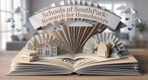 Paper-craft illustration of a school building and books in soft daylight tones, representing SouthPark, NC school research for homebuyers.
