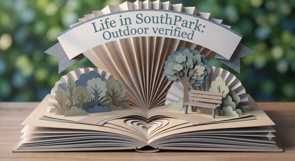 Paper-craft illustration of a park bench and trees in teal-toned light, representing outdoor life in SouthPark, NC.