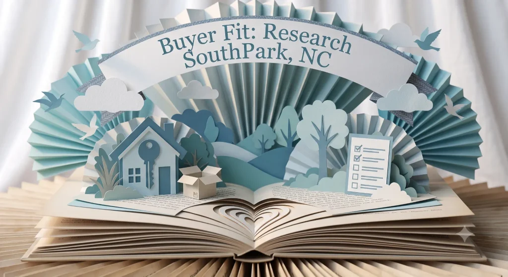 Paper-craft illustration of a house and key in bright blue tones, representing home buyer fit research for SouthPark, NC.
