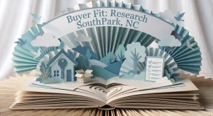 Paper-craft illustration of a house and key in bright blue tones, representing home buyer fit research for SouthPark, NC.