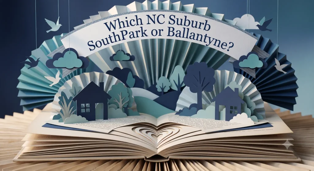 Paper-craft illustration of two house silhouettes divided by a navy gradient, representing a comparison between SouthPark and Ballantyne, NC.