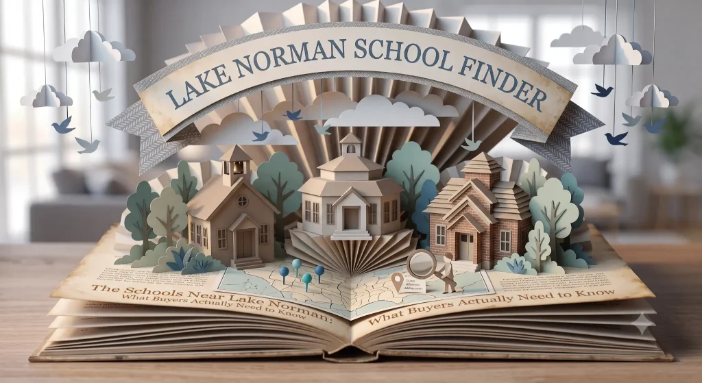 Paper-craft illustration representing school research across the Lake Norman towns, soft daylight interior backdrop.