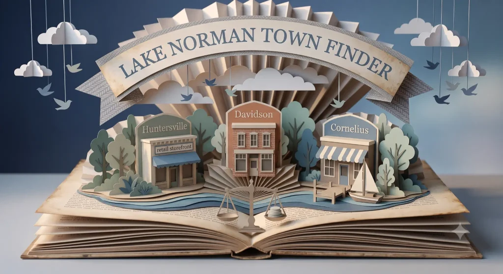 Paper-craft illustration representing a side-by-side comparison of three Lake Norman towns, gradient backdrop.