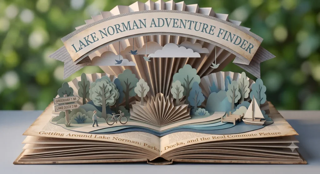 Paper-craft illustration representing parks and lake access around Lake Norman, greenery backdrop.