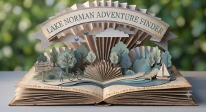 Paper-craft illustration representing parks and lake access around Lake Norman, greenery backdrop.