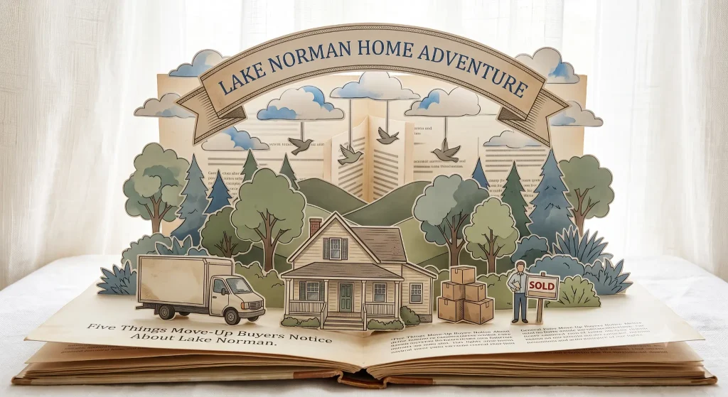 Paper-craft illustration representing move-up buyers considering the Lake Norman area, bright linen backdrop.