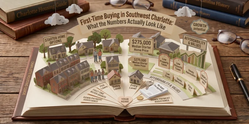 Pop-up book illustration showing first-time home buying options and affordability in southwest Charlotte NC