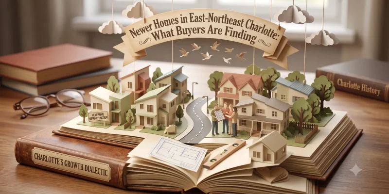 Pop-up paper illustration of newer construction homes representing new-home options in East-Northeast Charlotte, NC