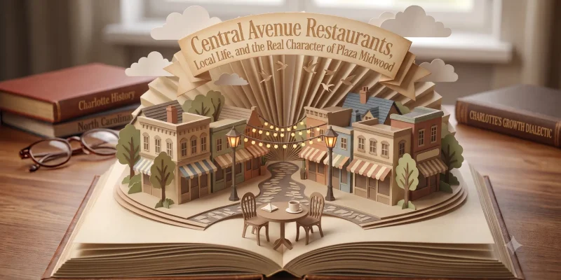 Paper diorama pop-up book scene of Central Avenue restaurant corridor in Plaza Midwood, Charlotte NC