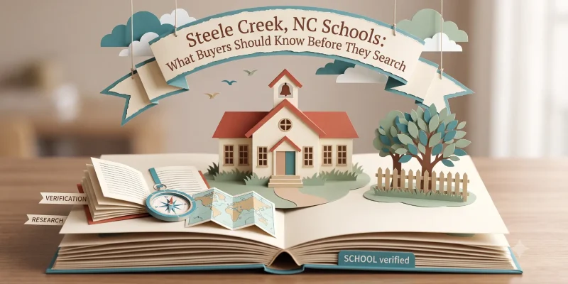 Paper-craft illustration of a schoolhouse silhouette and an open map, representing school research for Steele Creek, NC