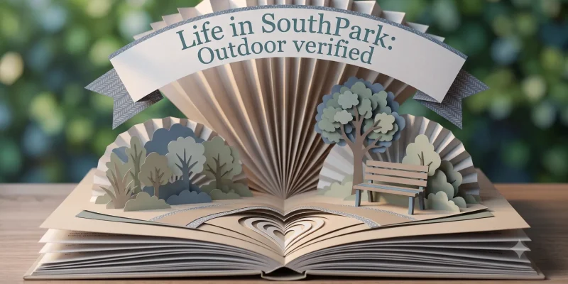 Paper-craft illustration of a park bench and trees in teal-toned light, representing outdoor life in SouthPark, NC.