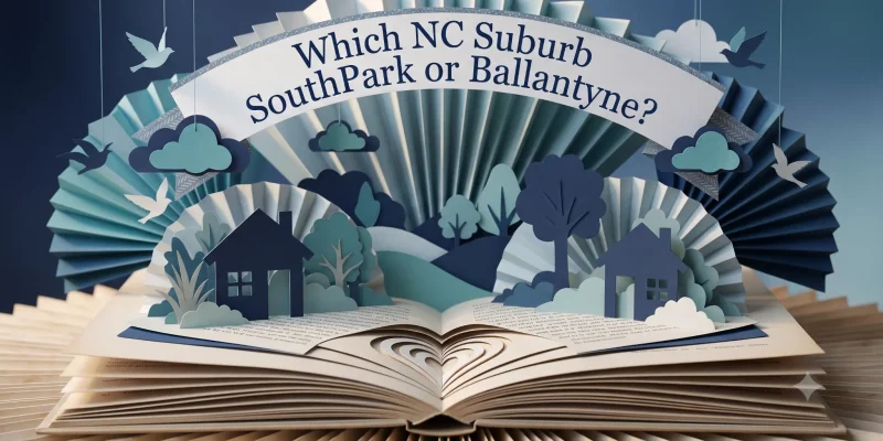 Paper-craft illustration of two house silhouettes divided by a navy gradient, representing a comparison between SouthPark and Ballantyne, NC.