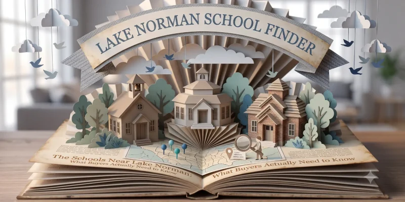 Paper-craft illustration representing school research across the Lake Norman towns, soft daylight interior backdrop.