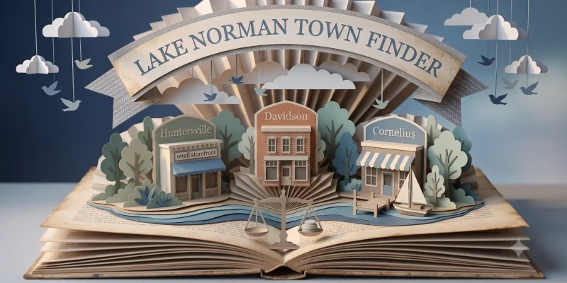 Paper-craft illustration representing a side-by-side comparison of three Lake Norman towns, gradient backdrop.