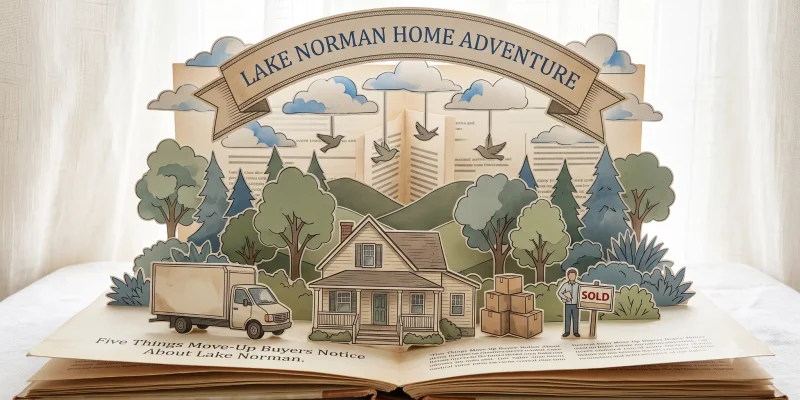Paper-craft illustration representing move-up buyers considering the Lake Norman area, bright linen backdrop.